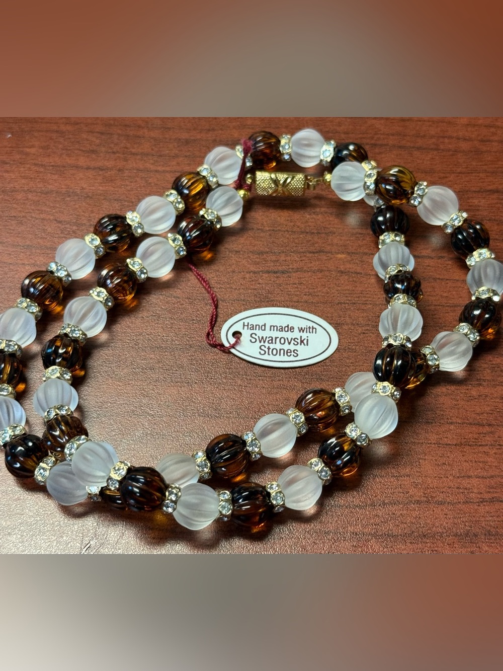 Handmade 23” Swarovski Stone Amber & Frosted White Beaded Necklace